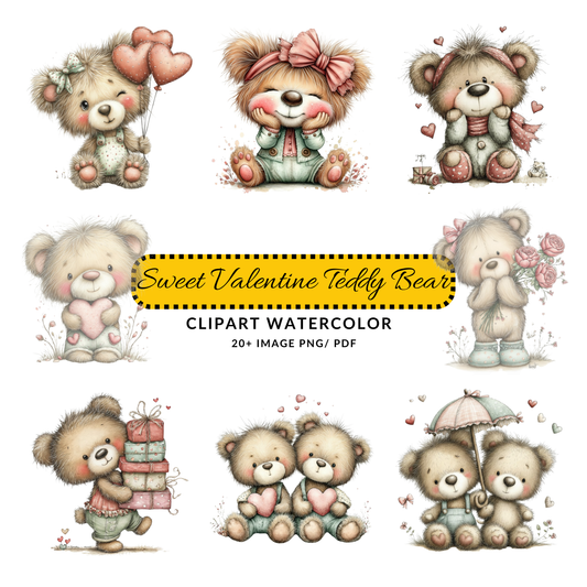 Valentine Teddy Bear Clipart JPG | Cute Bear with Heart Balloons | Whimsical Digital Download