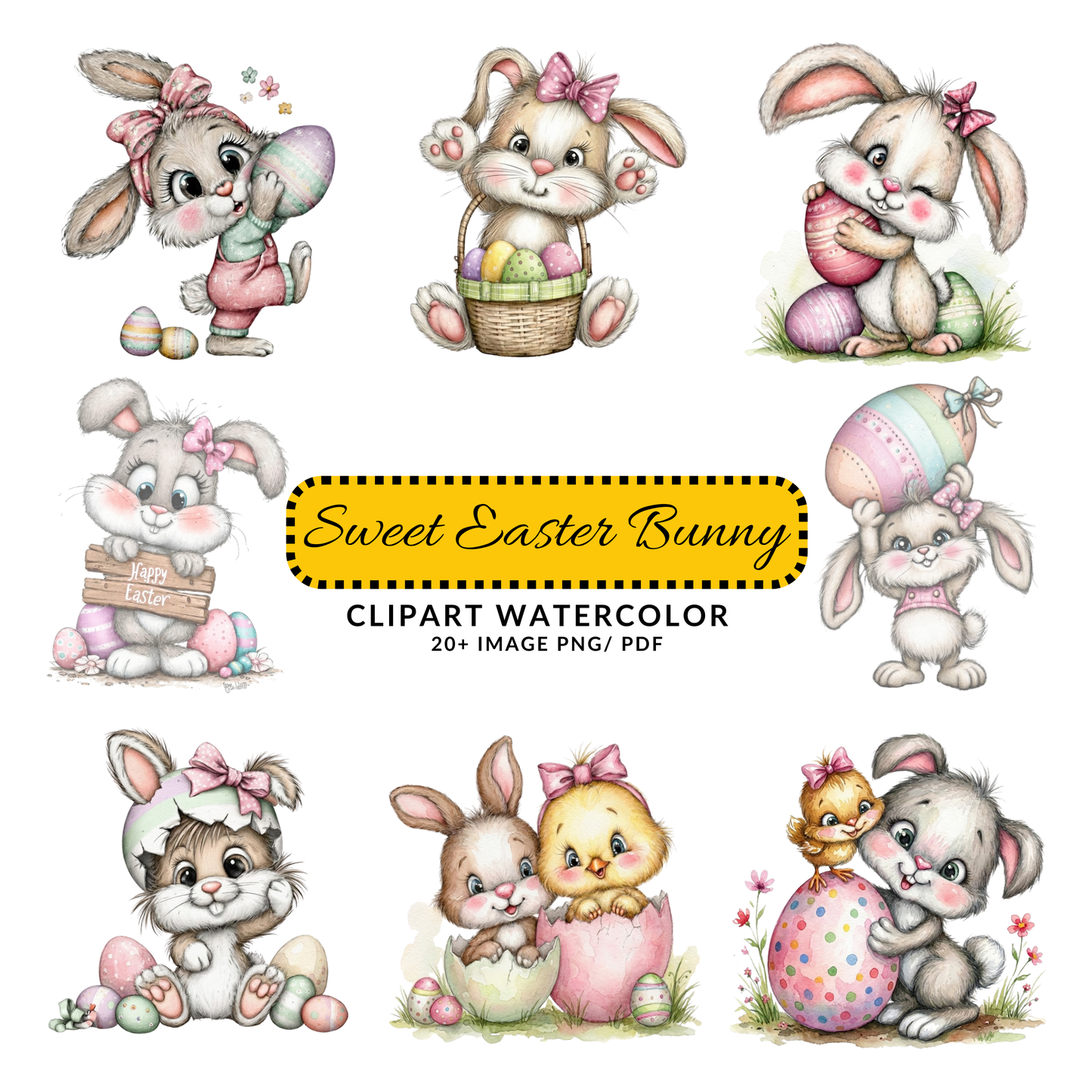 Cute Easter Bunny Clipart | Spring Rabbit with Painted Eggs JPG | Pastel Nursery Art Digital Download