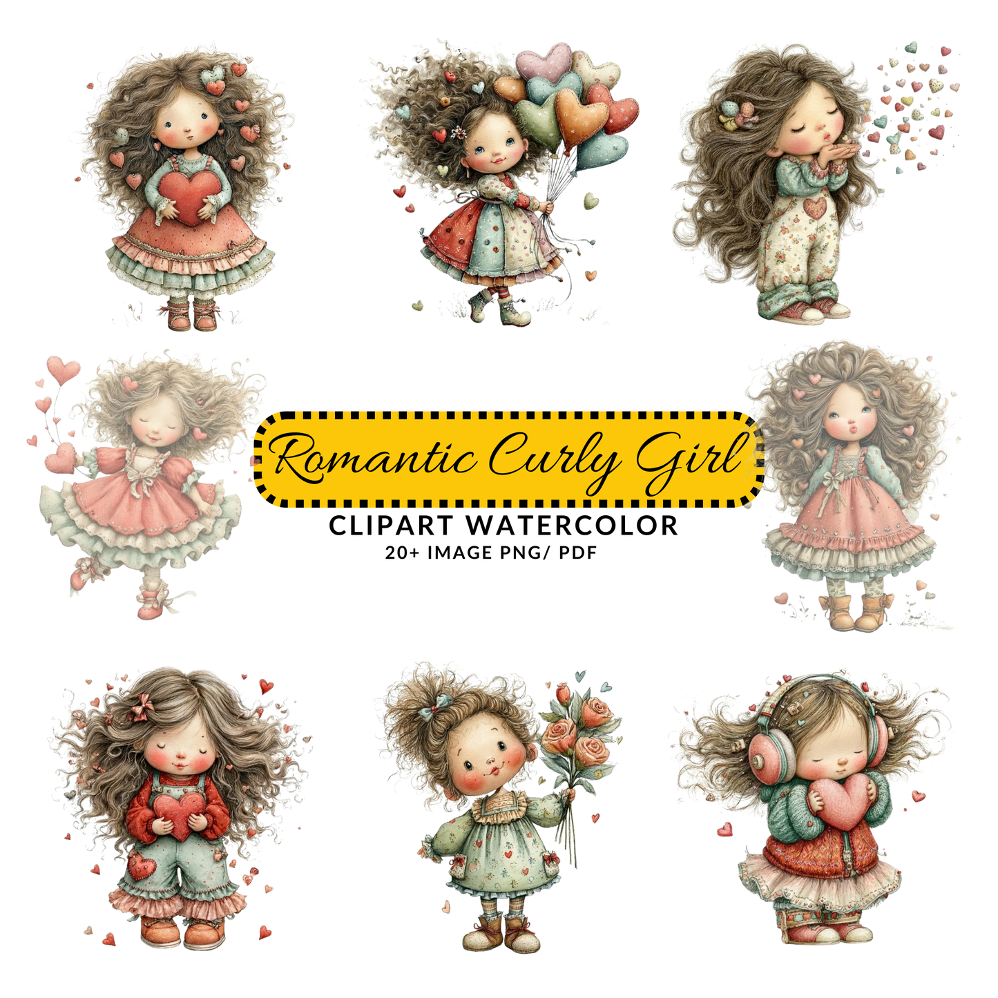 Cute Valentine Girl Illustration | Whimsical Heart Character JPG Clipart | Romantic Pastel Digital Download