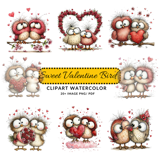 Valentine Love Birds Clipart JPG | Cute Watercolor Bird Couple | Whimsical Digital Download