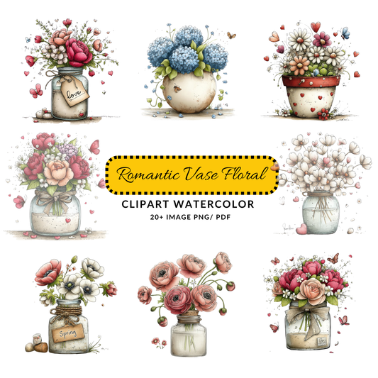 Watercolor Flower Clipart JPG | Floral Jar Illustration | Whimsical Spring Digital Download