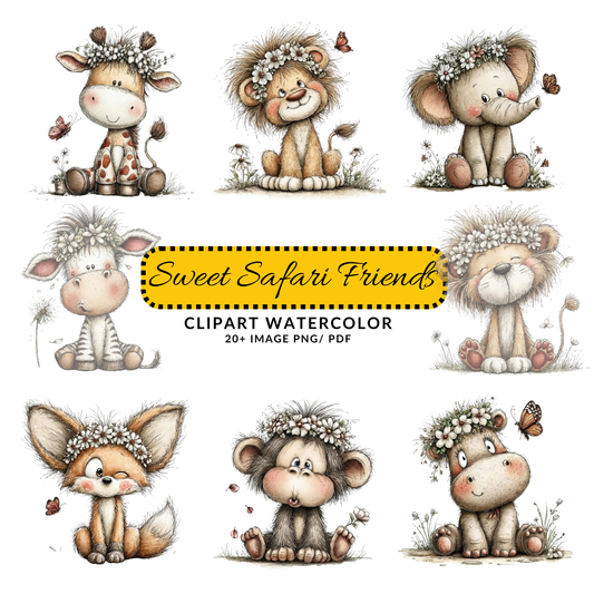 Cute Spring Giraffe Clipart | Floral Crown Safari Animal JPG Bundle | Whimsical Nursery Art Digital Download