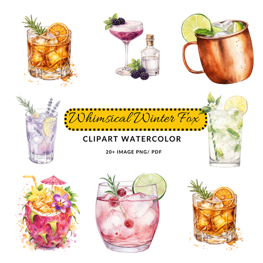 Watercolor Cocktail Clipart PNG | Mixed Drinks Illustration Set | Bar Menu Digital Download Bundle
