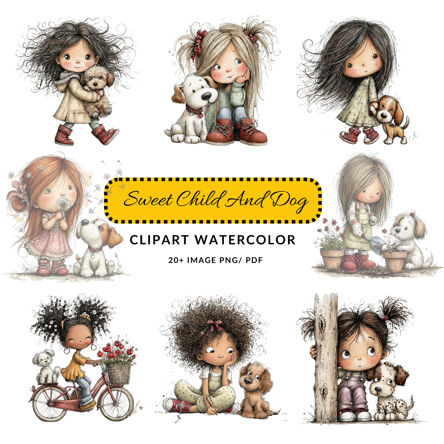 Girl with Dog Watercolor Clipart | Cute Kid and Puppy JPG Set | Nursery Art Digital Download