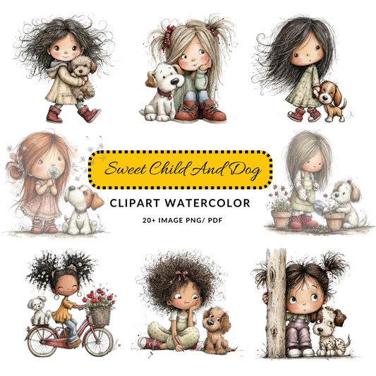 Girl with Dog Watercolor Clipart | Cute Kid and Puppy JPG Set | Nursery Art Digital Download