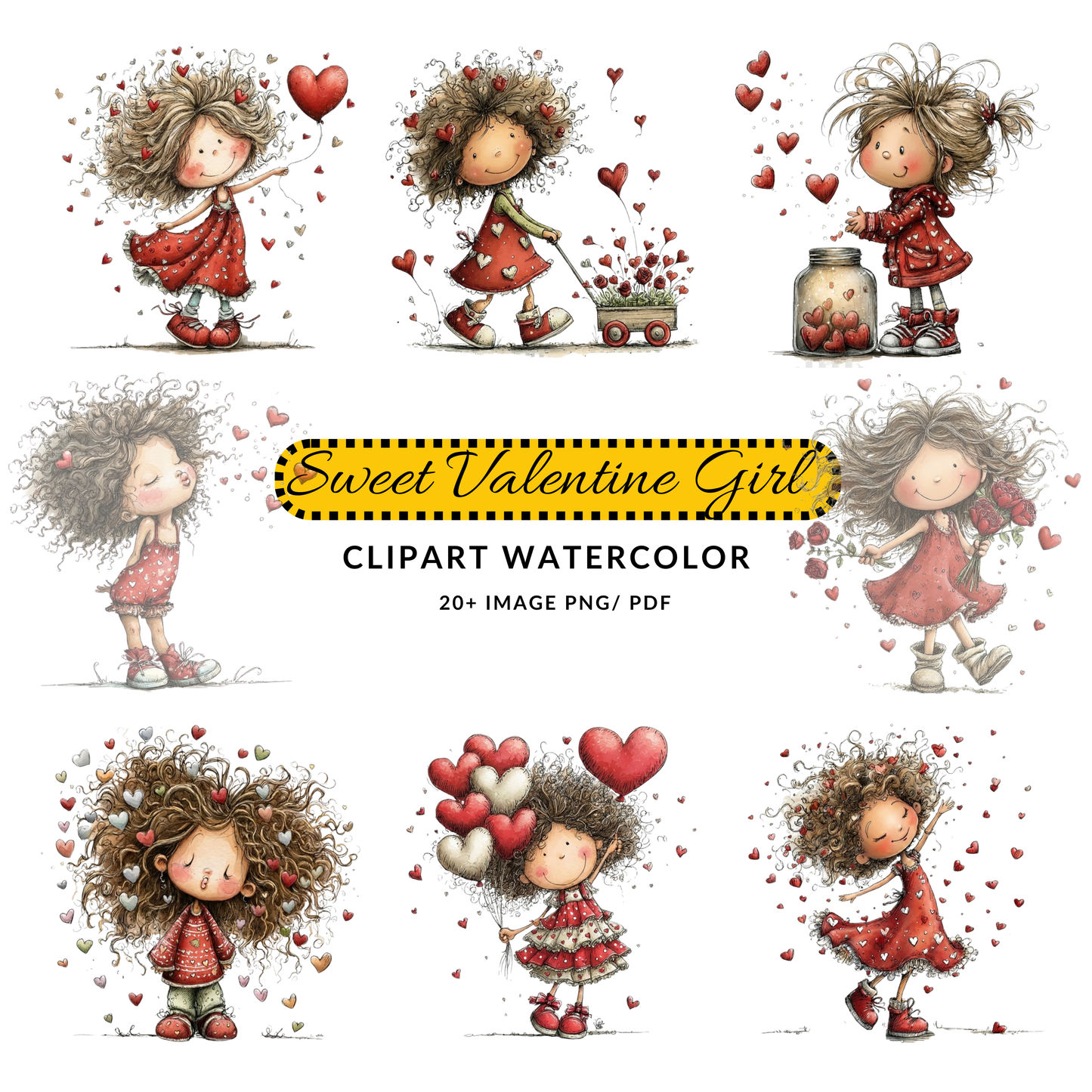 Valentine Girl Clipart JPG | Whimsical Girl with Heart Balloon | Digital Download