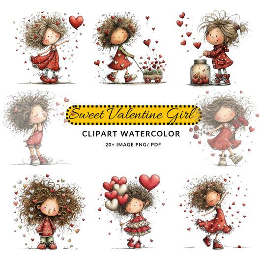 Valentine Girl Clipart JPG | Whimsical Girl with Heart Balloon | Digital Download