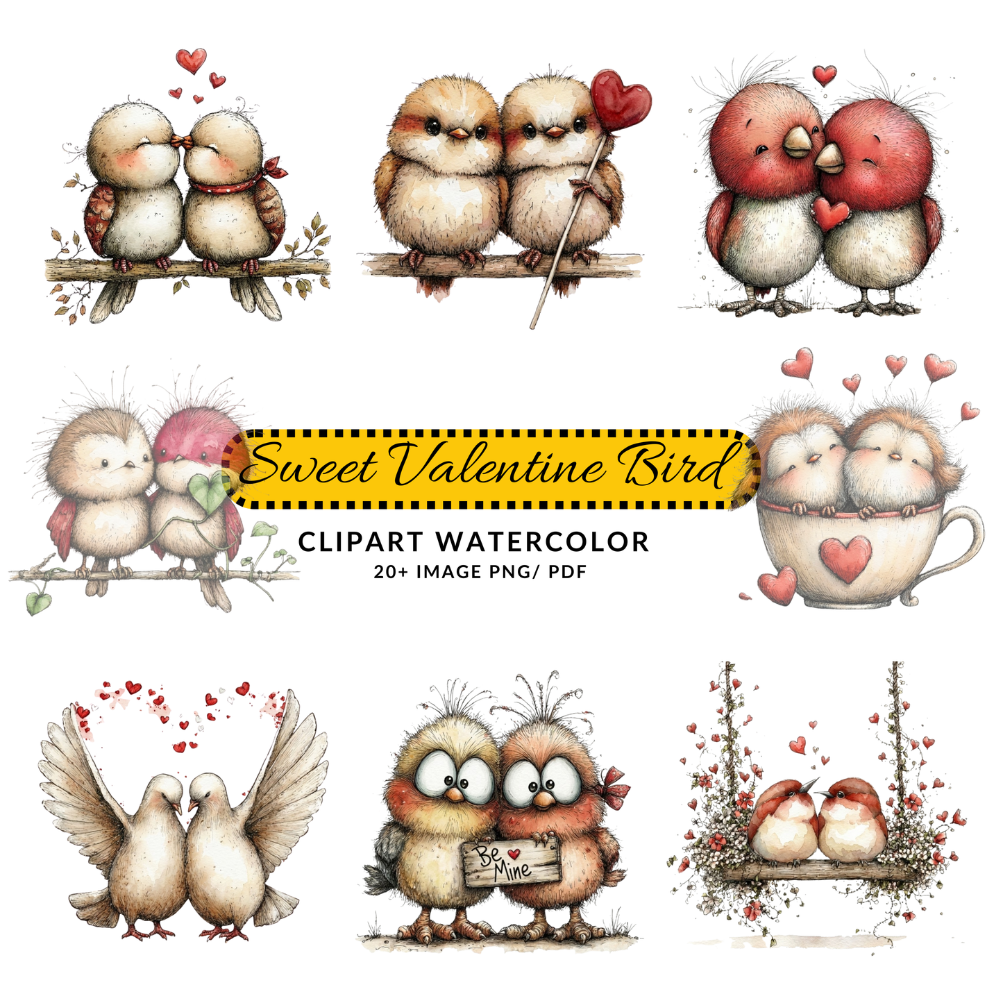 Love Birds Clipart JPG | Whimsical Valentine Bird Couple | Cute Romantic Digital Art