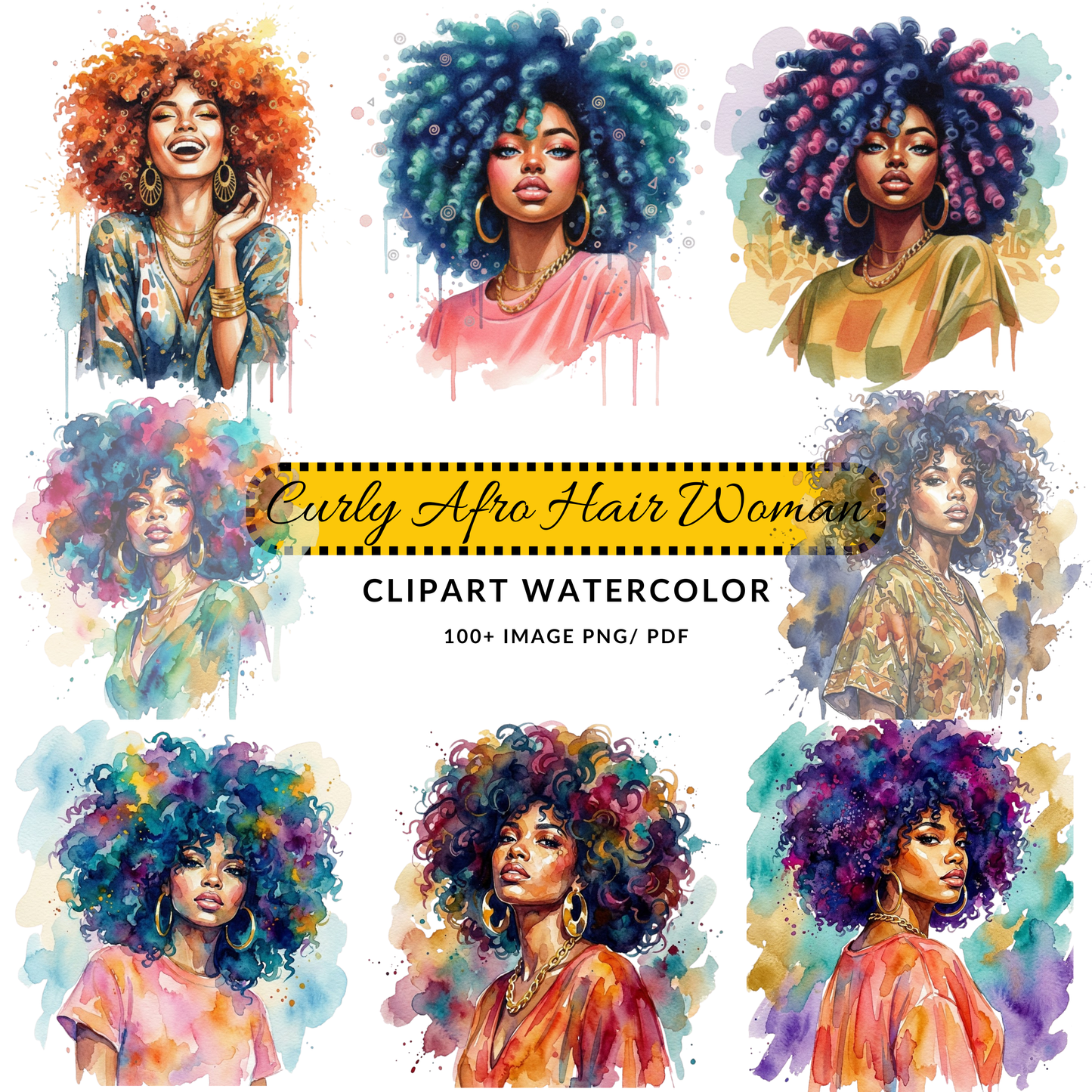 Black Woman Illustration Clipart | Vibrant Afro Hair PNG Set | Printable Digital Art