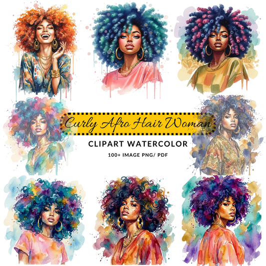 Black Woman Illustration Clipart | Vibrant Afro Hair PNG Set | Printable Digital Art