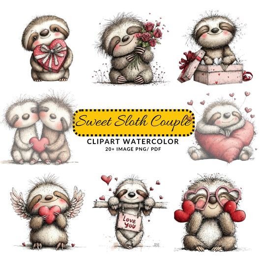 Cute Sloth Valentine Clipart | Heart Gift Animal PNG | Romantic Digital Download for Crafts