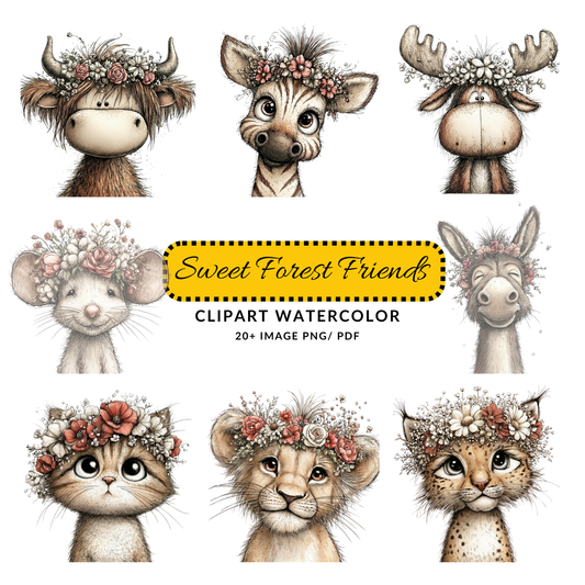 Cute Highland Cow Clipart | Floral Animal Portraits JPG Bundle | Nursery Art Digital Download