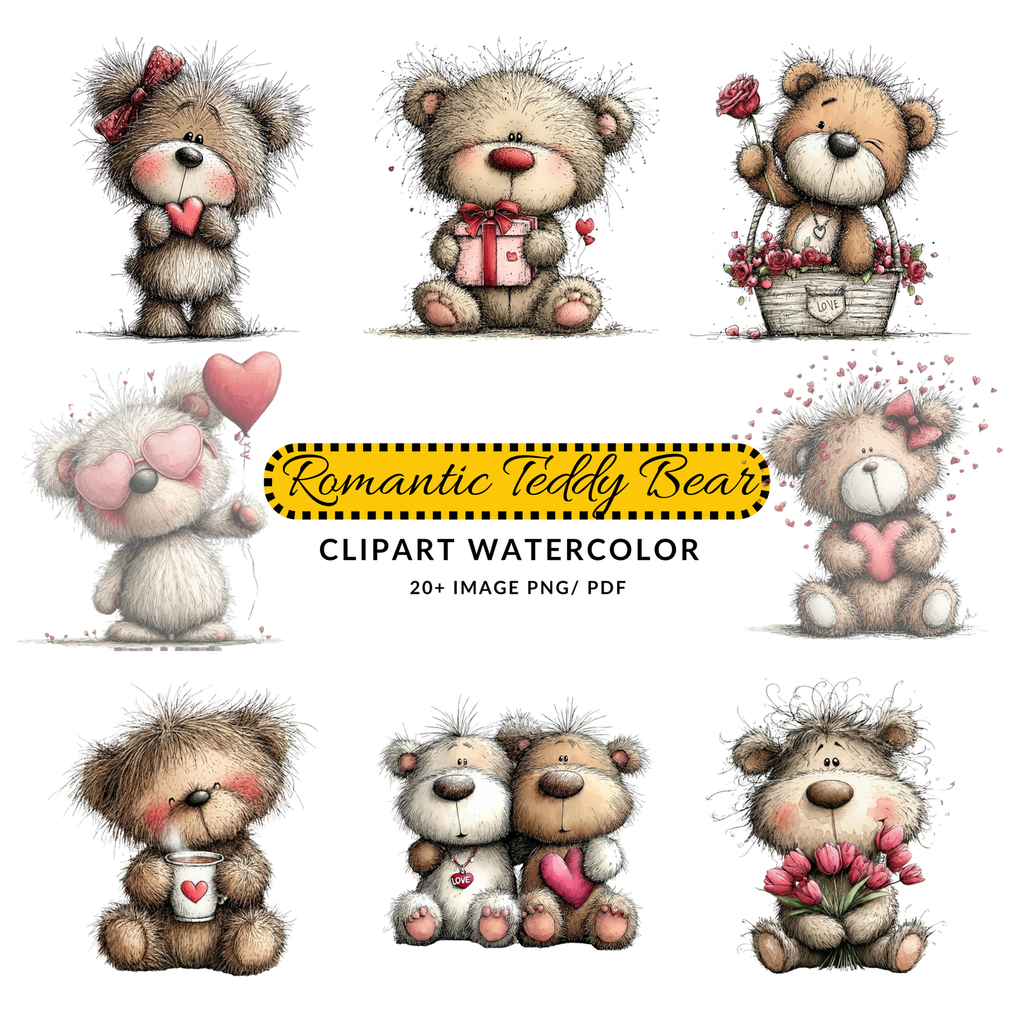 Valentine Teddy Bear Clipart JPG | Cute Love Bear Illustration | Digital Download