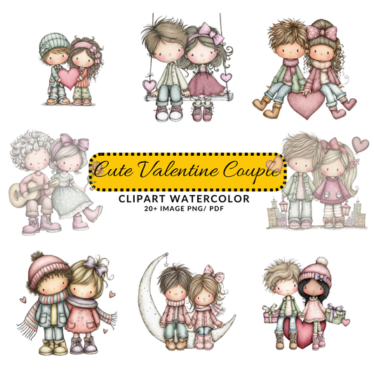Sweet Valentine Boy and Girl Clipart | Holding Heart JPG Bundle | Cute Love Couple Art Digital Download