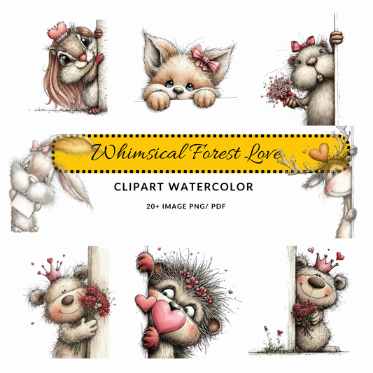 Valentine Woodland Animal Clipart JPG | Cute Bear with Crown and Heart | Digital Download
