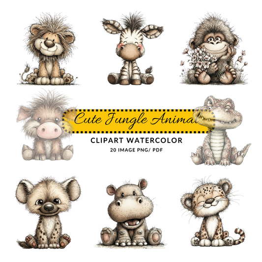 Whimsical Safari Jungle Animals Clipart | Cute Zoo Animal JPG Set | Nursery Art Digital Download