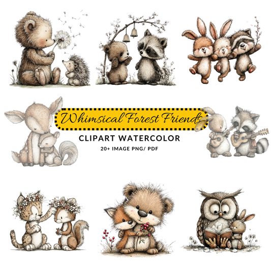 Woodland Friends Watercolor Clipart | Cute Bear & Hedgehog JPG Set | Nursery Decor Digital Download