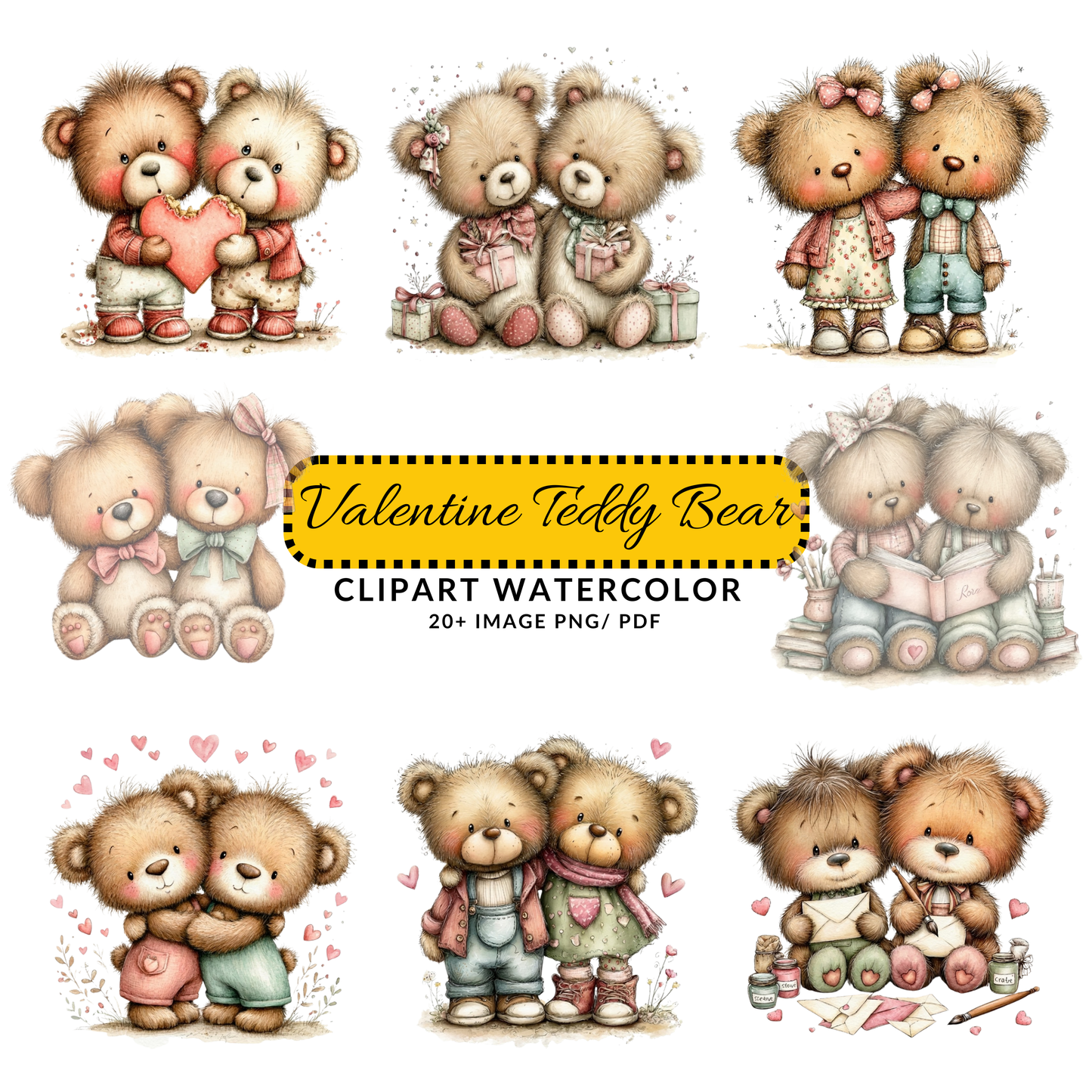 Teddy Bear Couple Clipart JPG | Valentine Love Bears Illustration | Cute Watercolor Digital Download