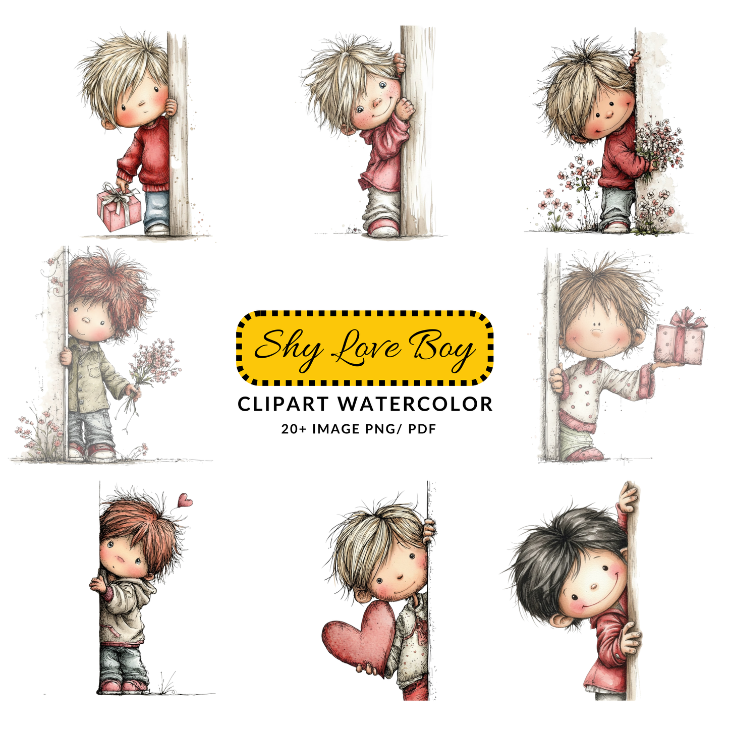 Cute Peeking Boy Clipart JPG | Valentine Child with Present | Hand Drawn Digital Download