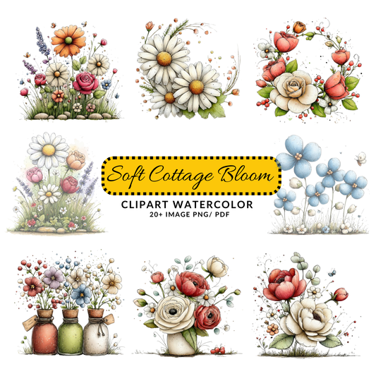 Spring Flower Clipart JPG Bundle | Whimsical Wildflowers & Butterflies | Watercolor Floral Art Download