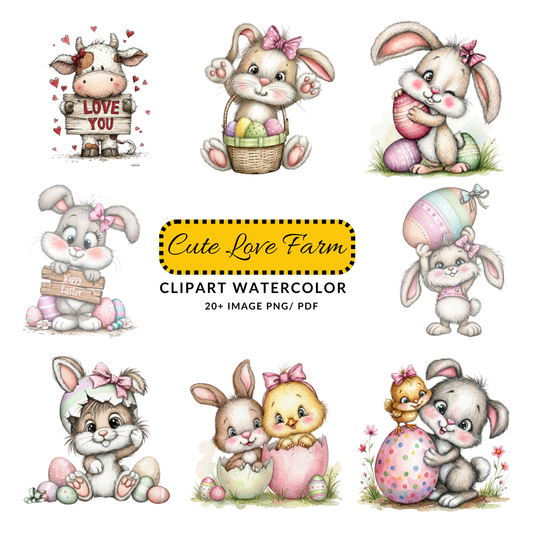 Valentine Cow Illustration Clipart | Cute Farm Love JPG Bundle | Kids Craft & Card Digital Download