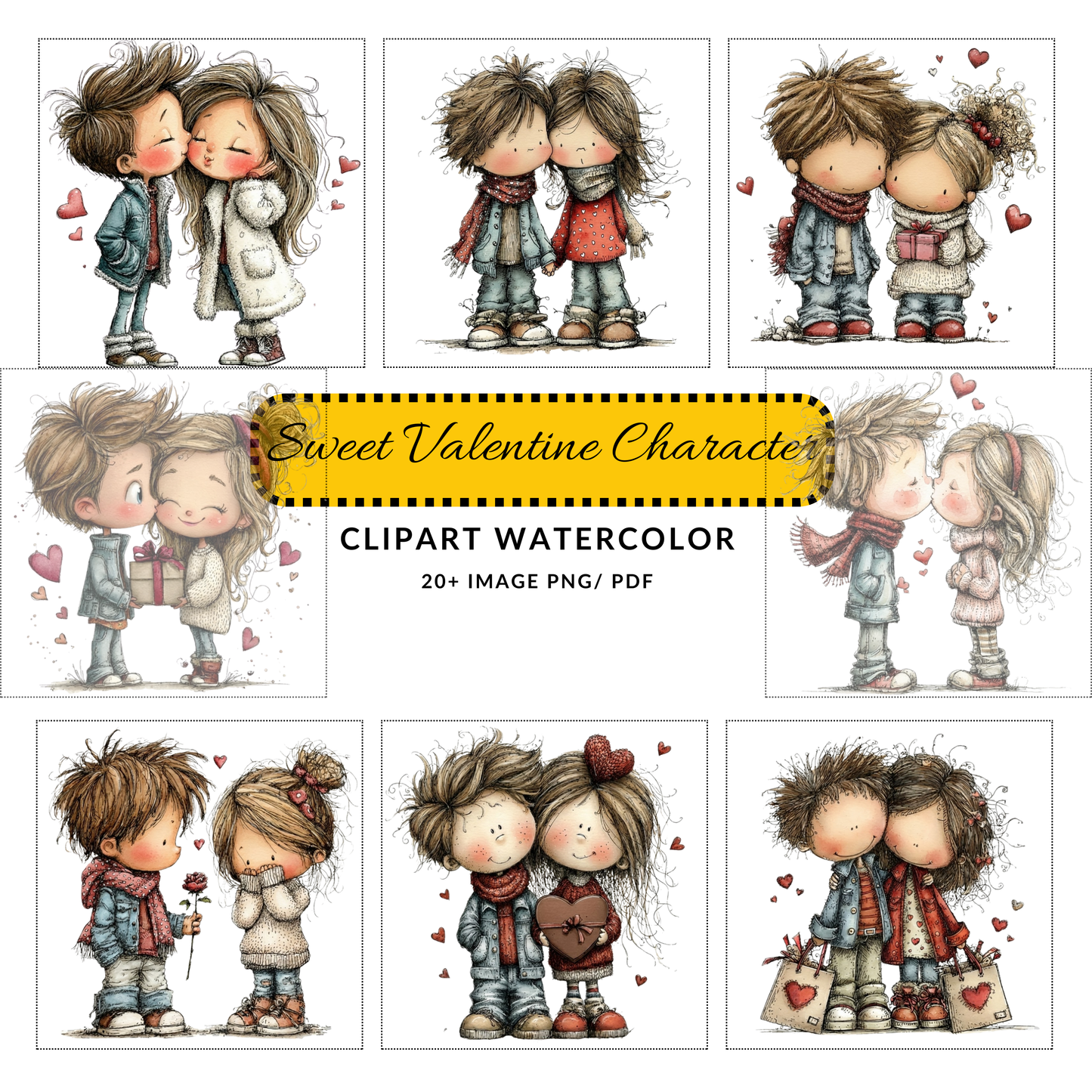 Valentine Love Couple Clipart JPG | Cute Boy Girl Watercolor Art | Romantic Digital Download