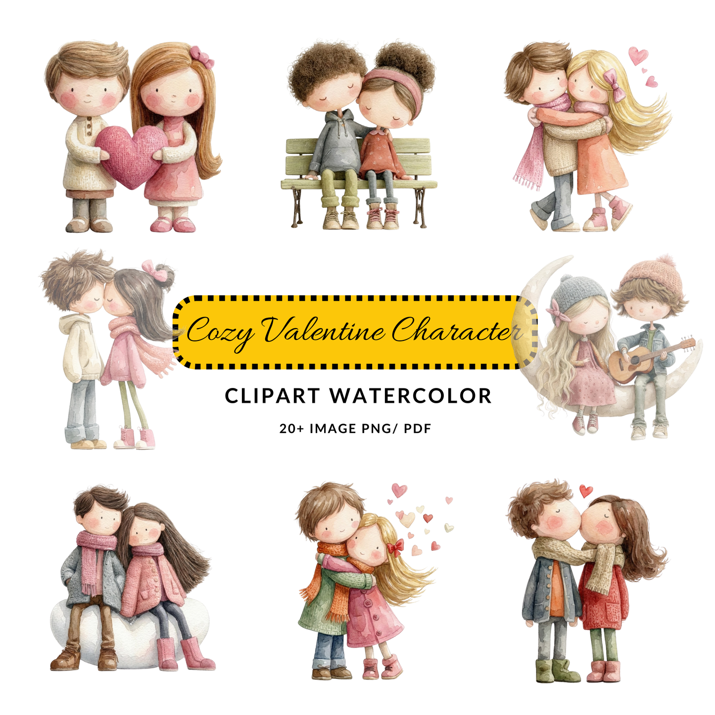 Valentine Couple Clipart Watercolor | Cute Boy Girl Heart JPG | Romantic Love Digital Download