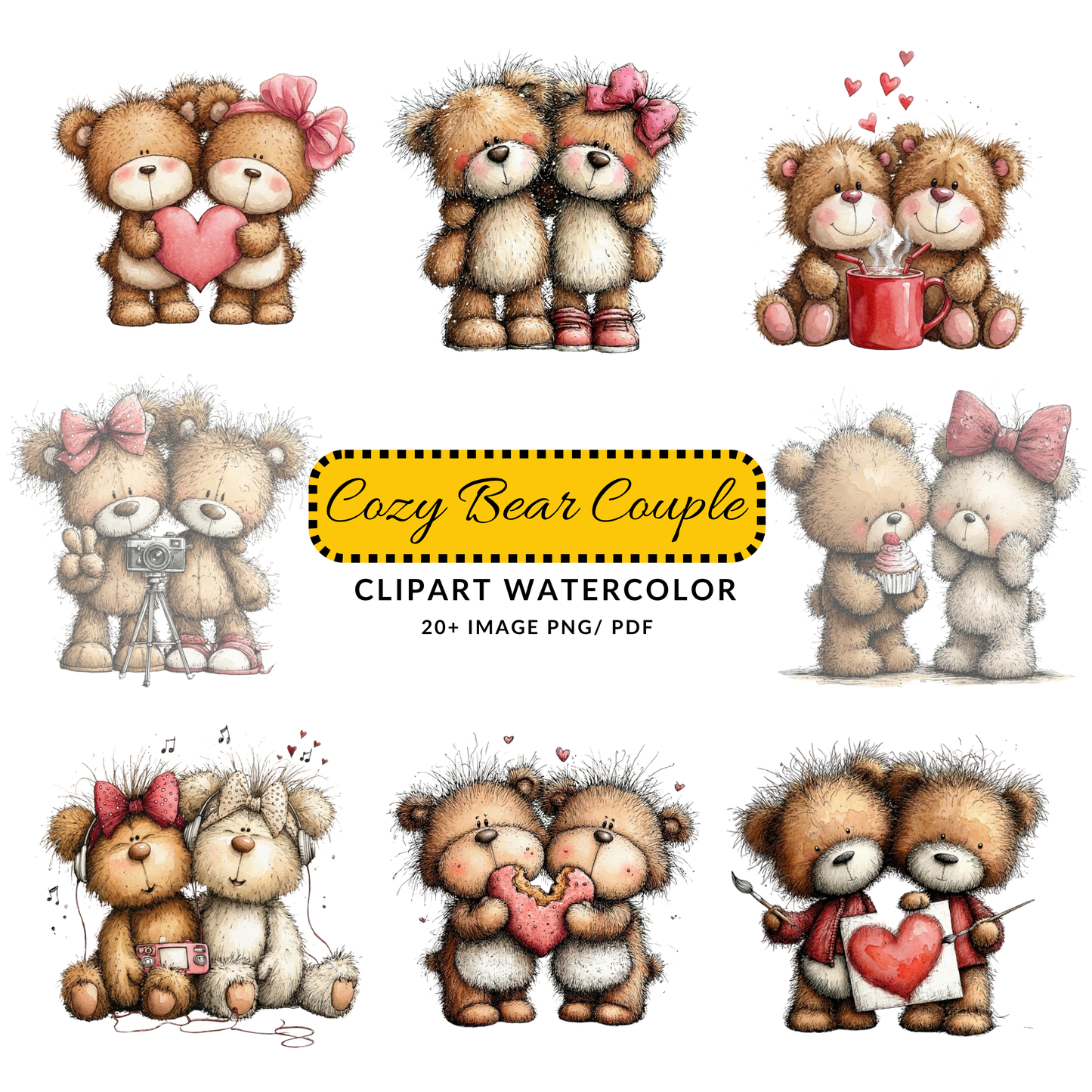 Valentine Teddy Bear Couple Clipart | Cute Love Bears PNG/JPG Set | Romantic Digital Download