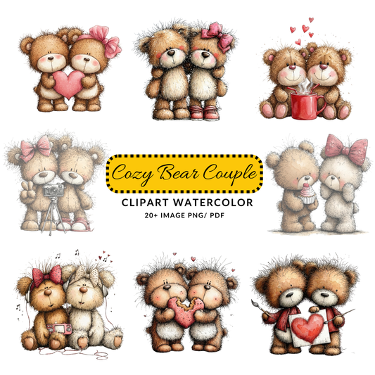 Valentine Teddy Bear Couple Clipart | Cute Love Bears PNG/JPG Set | Romantic Digital Download