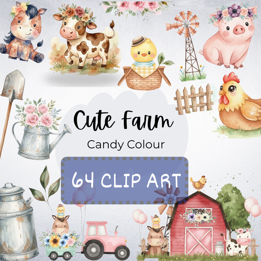 Cute Watercolor Farm Clipart | Baby Farm Animals PNG Set | Digital Download for Stickers and Scrapbooking