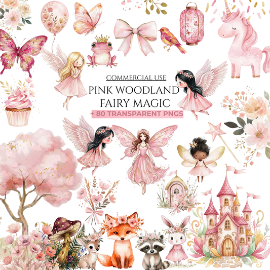 Pink Fairy Garden Clipart PNG | Cute Woodland Fairies & Animals Watercolor Set | Enchanted Forest Digital Download