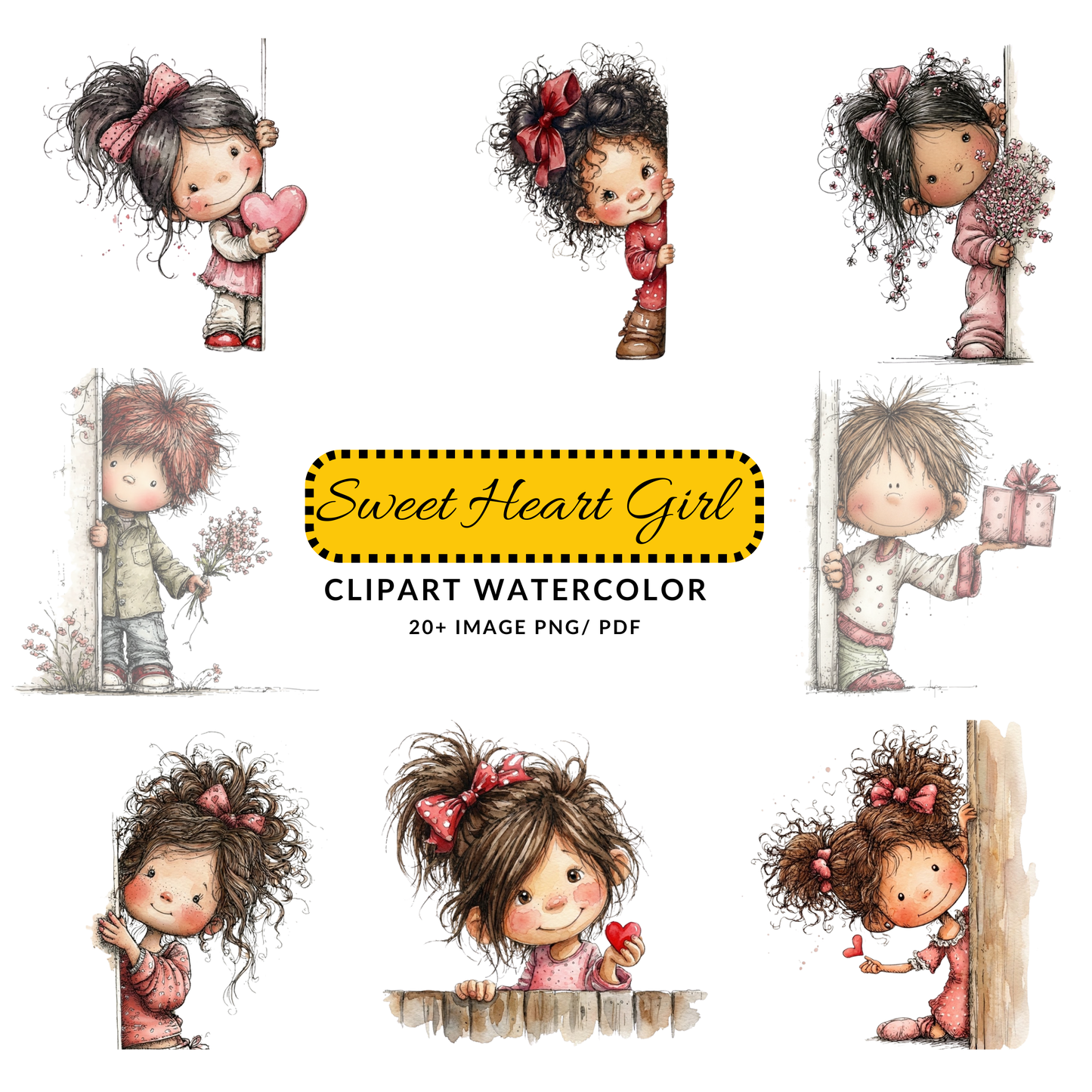 Peeking Girl Clipart JPG | Cute Valentine Girl with Heart | Whimsical Kids Digital Download