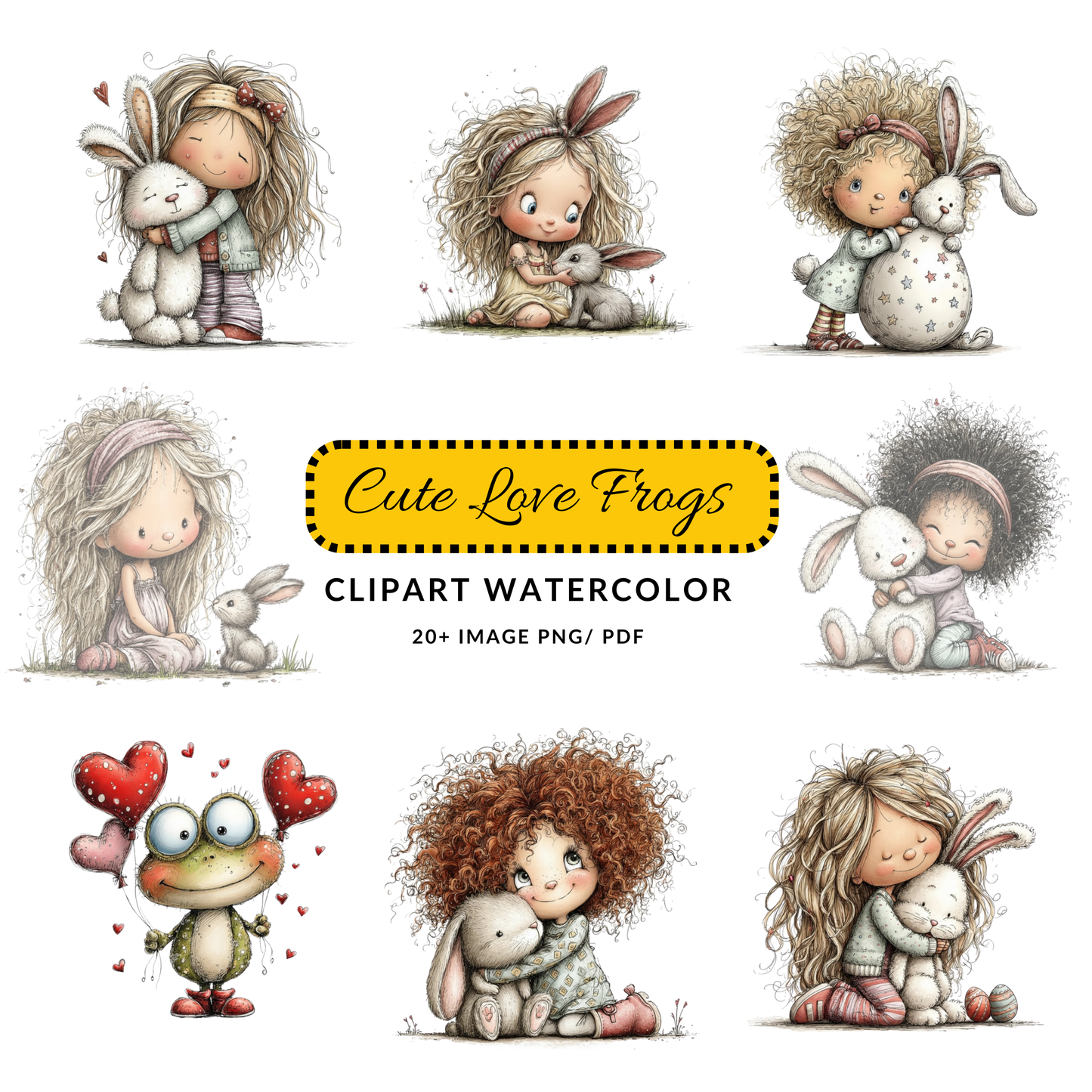 Girl Hugging Bunny Clipart JPG | Cute Easter Watercolor Art | Digital Download